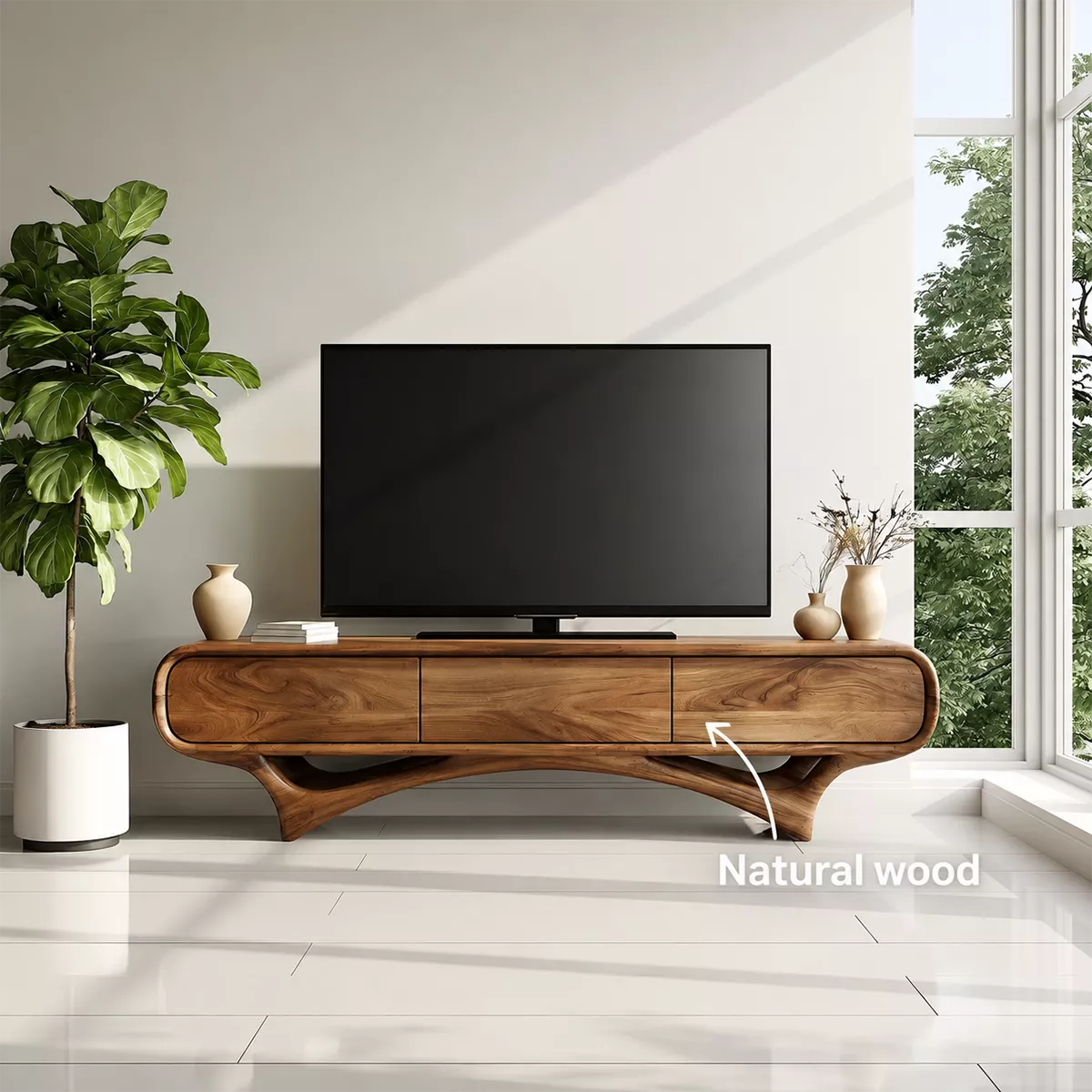 Organic Solid Wood TV Stand With Rounded Edges And Sculptural Curved Base - Livewoodcraft - 11