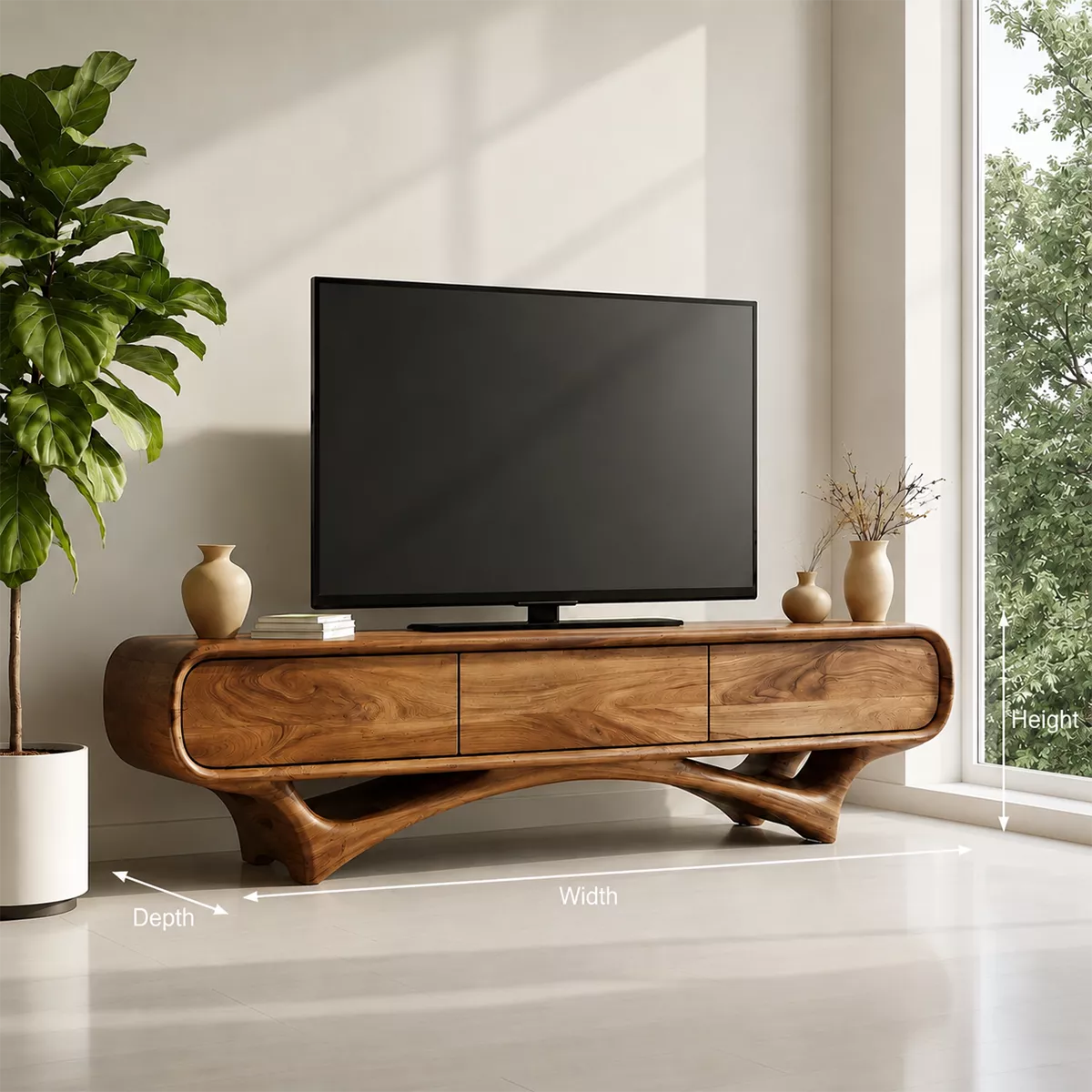 Organic Solid Wood TV Stand With Rounded Edges And Sculptural Curved Base - Livewoodcraft - 12