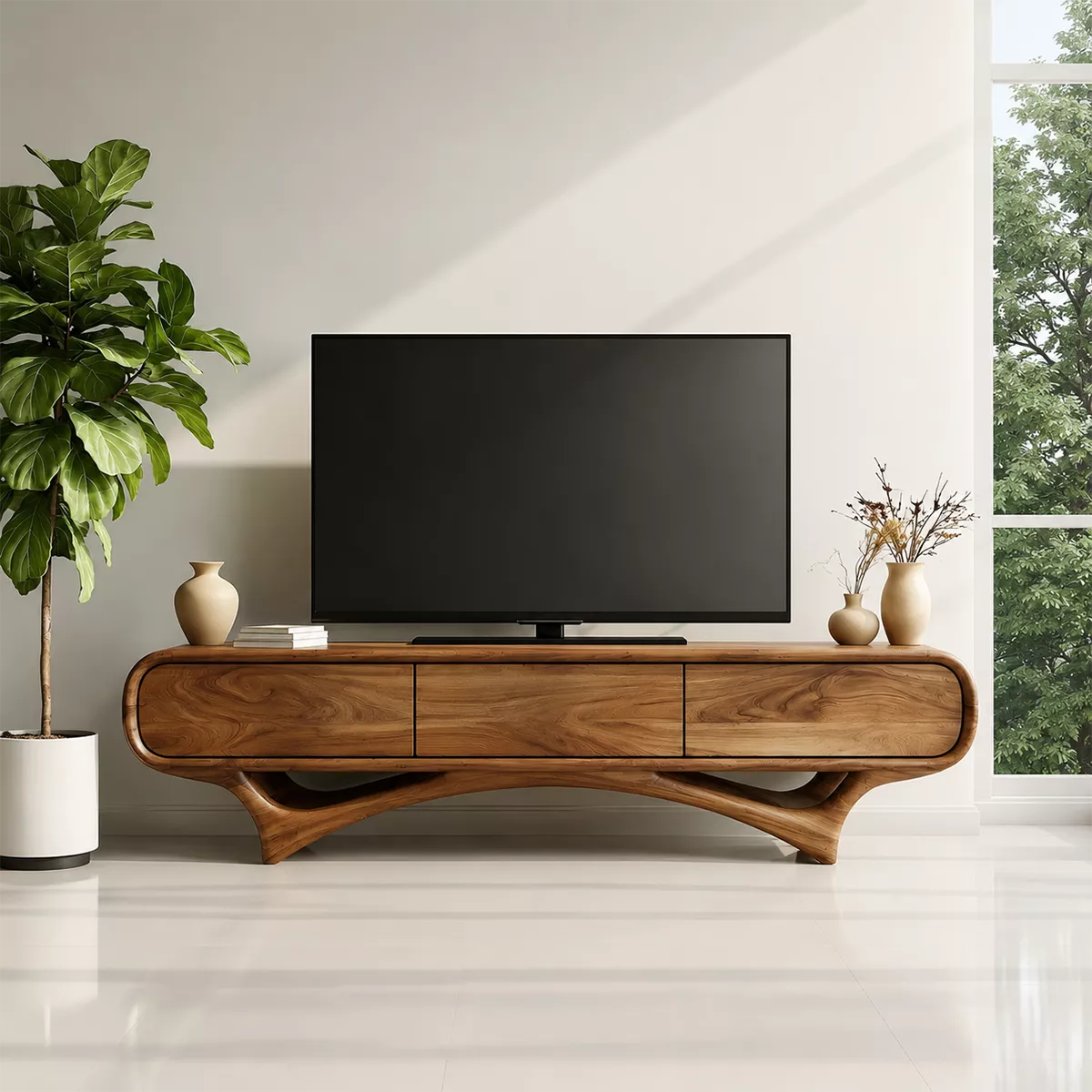 Organic Solid Wood TV Stand With Rounded Edges And Sculptural Curved Base - Livewoodcraft - 3