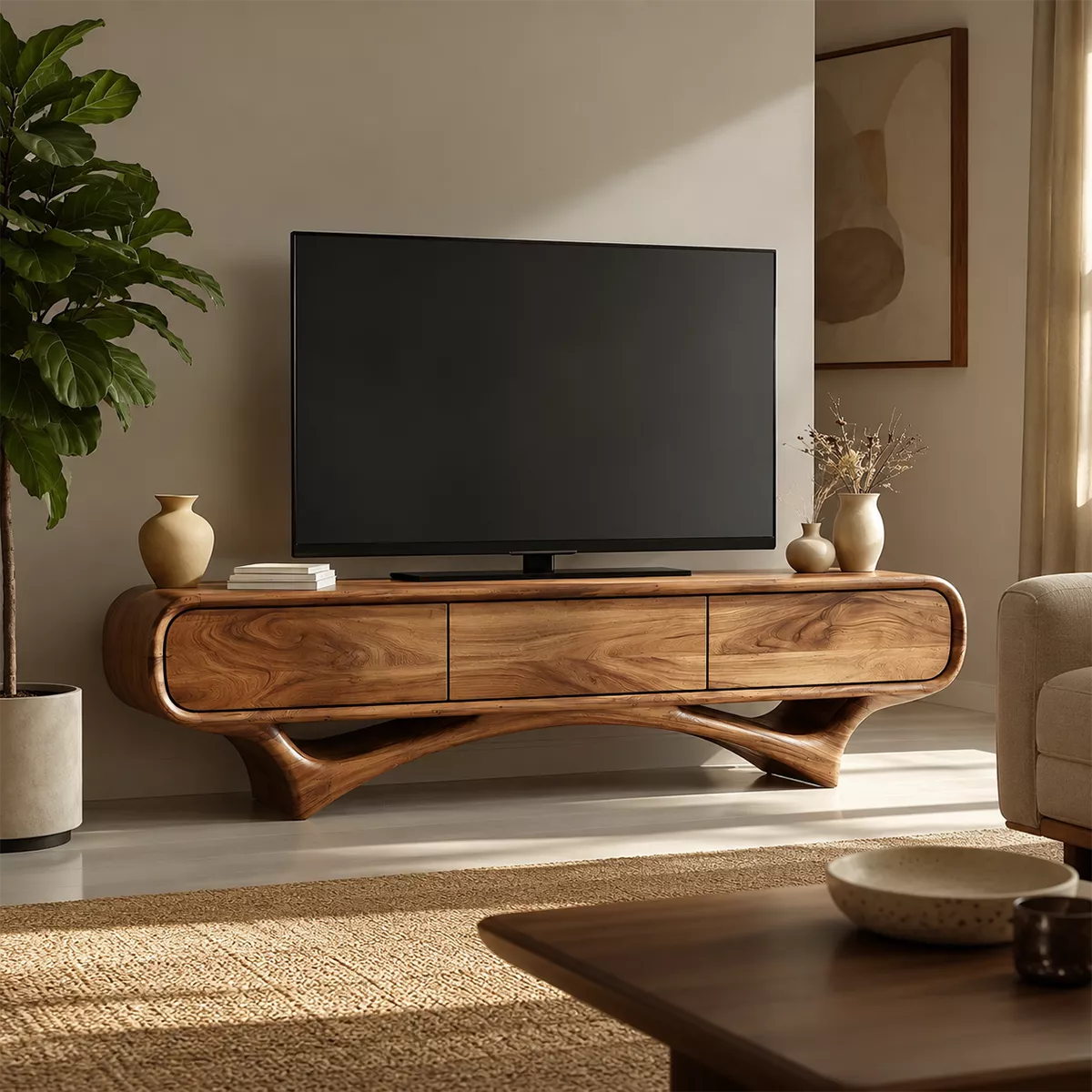 Organic Solid Wood TV Stand With Rounded Edges And Sculptural Curved Base - Livewoodcraft - 4