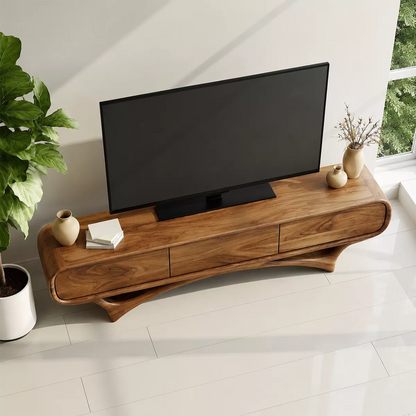 Organic Solid Wood TV Stand With Rounded Edges And Sculptural Curved Base - Livewoodcraft - 5