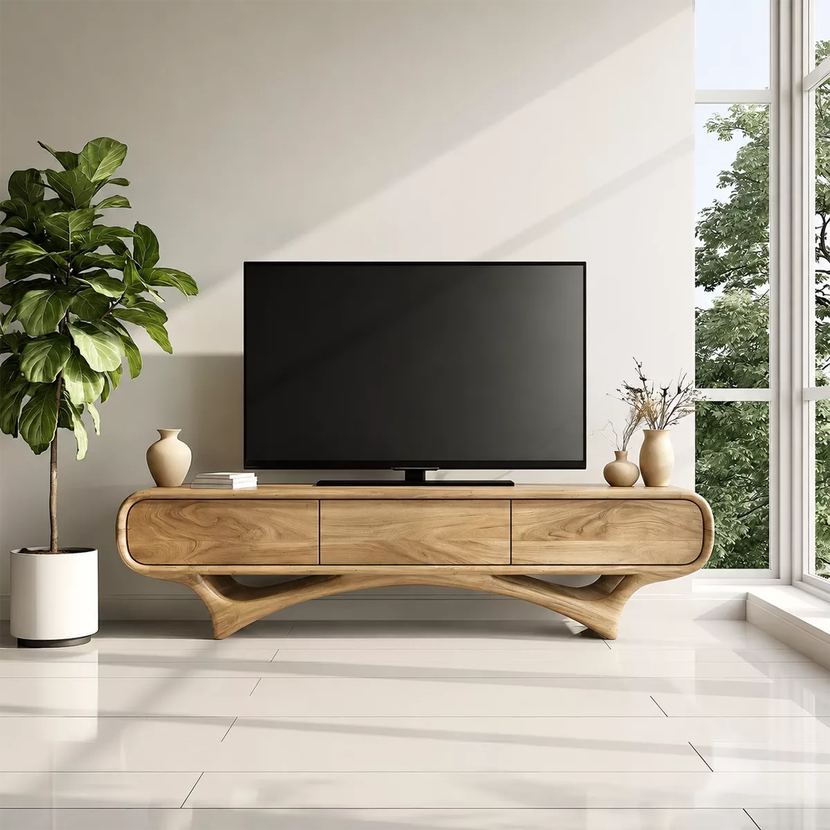 Organic Solid Wood TV Stand With Rounded Edges And Sculptural Curved Base - Livewoodcraft - 8