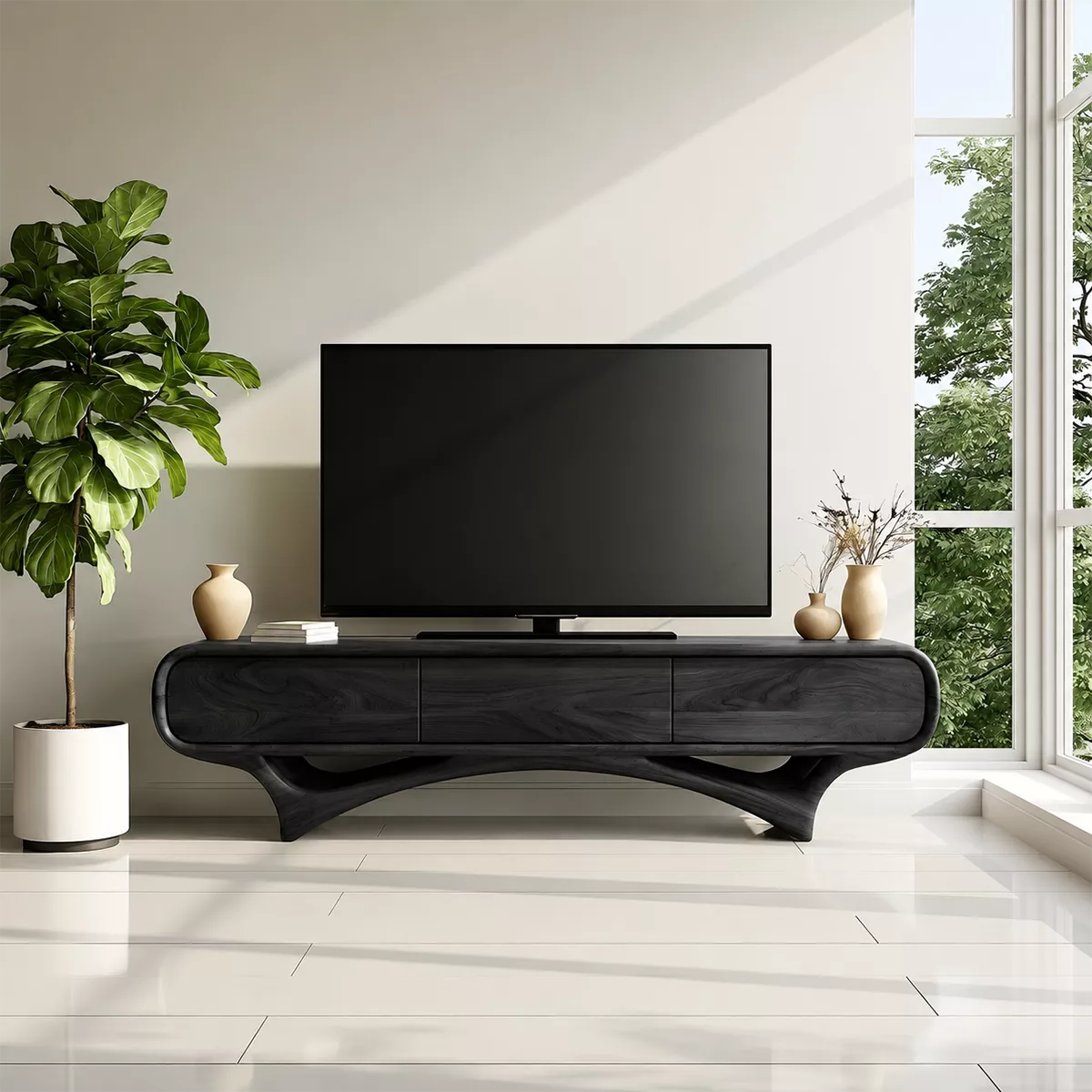 Organic Solid Wood TV Stand With Rounded Edges And Sculptural Curved Base - Livewoodcraft - 9