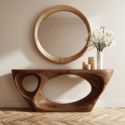 Organic Void Natural Solid Wood Console Table with Sculptural Open Base - Livewoodcraft