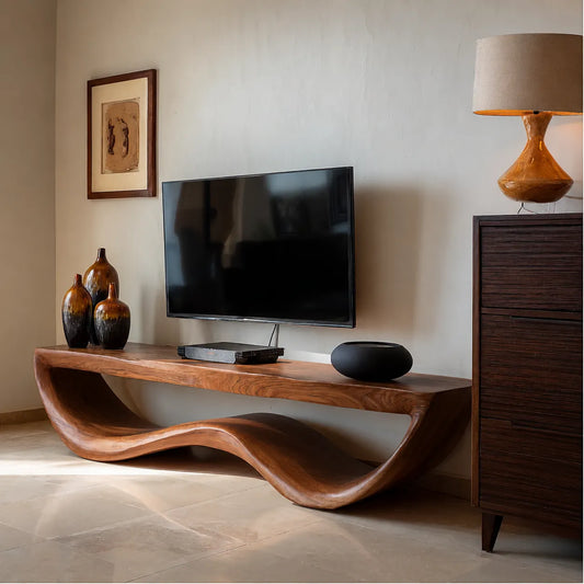 Organic Wave Natural Solid Wood TV Stand with Sculptural Open Design - Echotimber