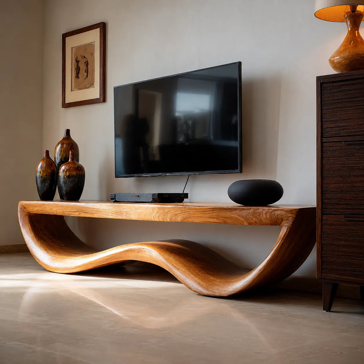 Organic Wave Natural Solid Wood TV Stand with Sculptural Open Design - Livewoodcraft - 4