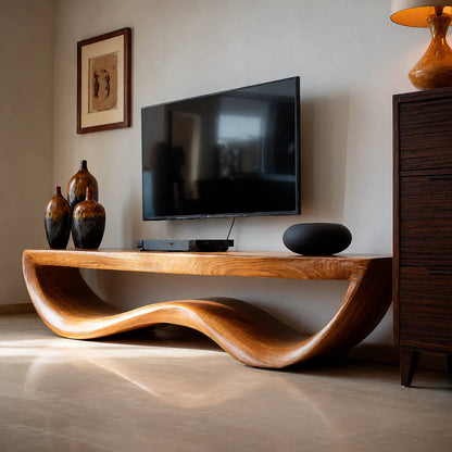 Organic Wave Natural Solid Wood TV Stand with Sculptural Open Design - Livewoodcraft - 4