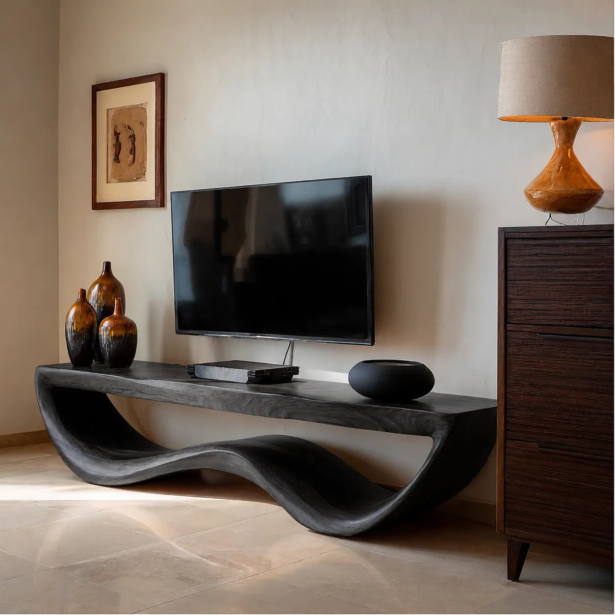 Organic Wave Natural Solid Wood TV Stand with Sculptural Open Design - Livewoodcraft - 6