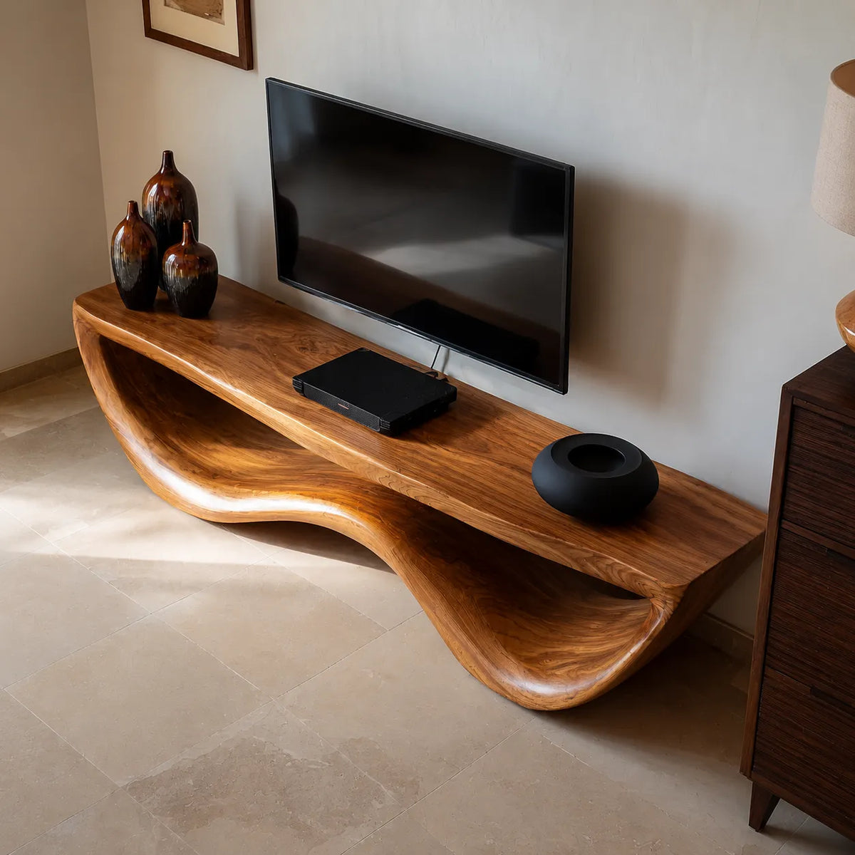 Organic Wave Natural Solid Wood TV Stand with Sculptural Open Design - Livewoodcraft - 7