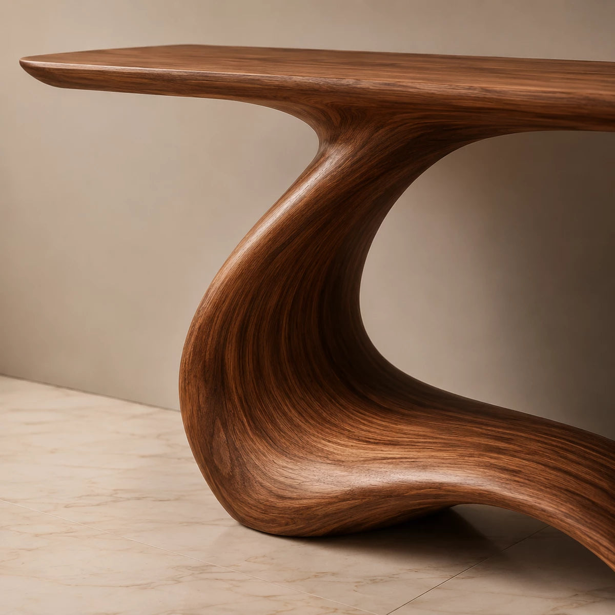 Sculptural Console Table with Flowing Pedestal Base in Natural Solid Wood