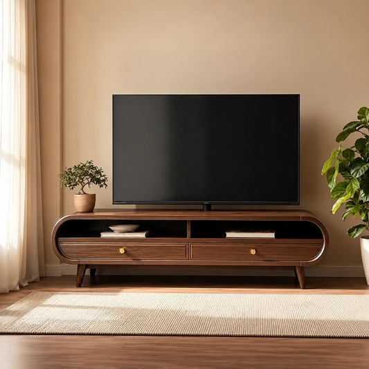 Retro Natural Solid Wood TV Stand with Rounded Edge Media Storage - Echotimber