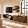 Natural Solid Wood TV Stand with Two Drawers and Sculptural Loop Base