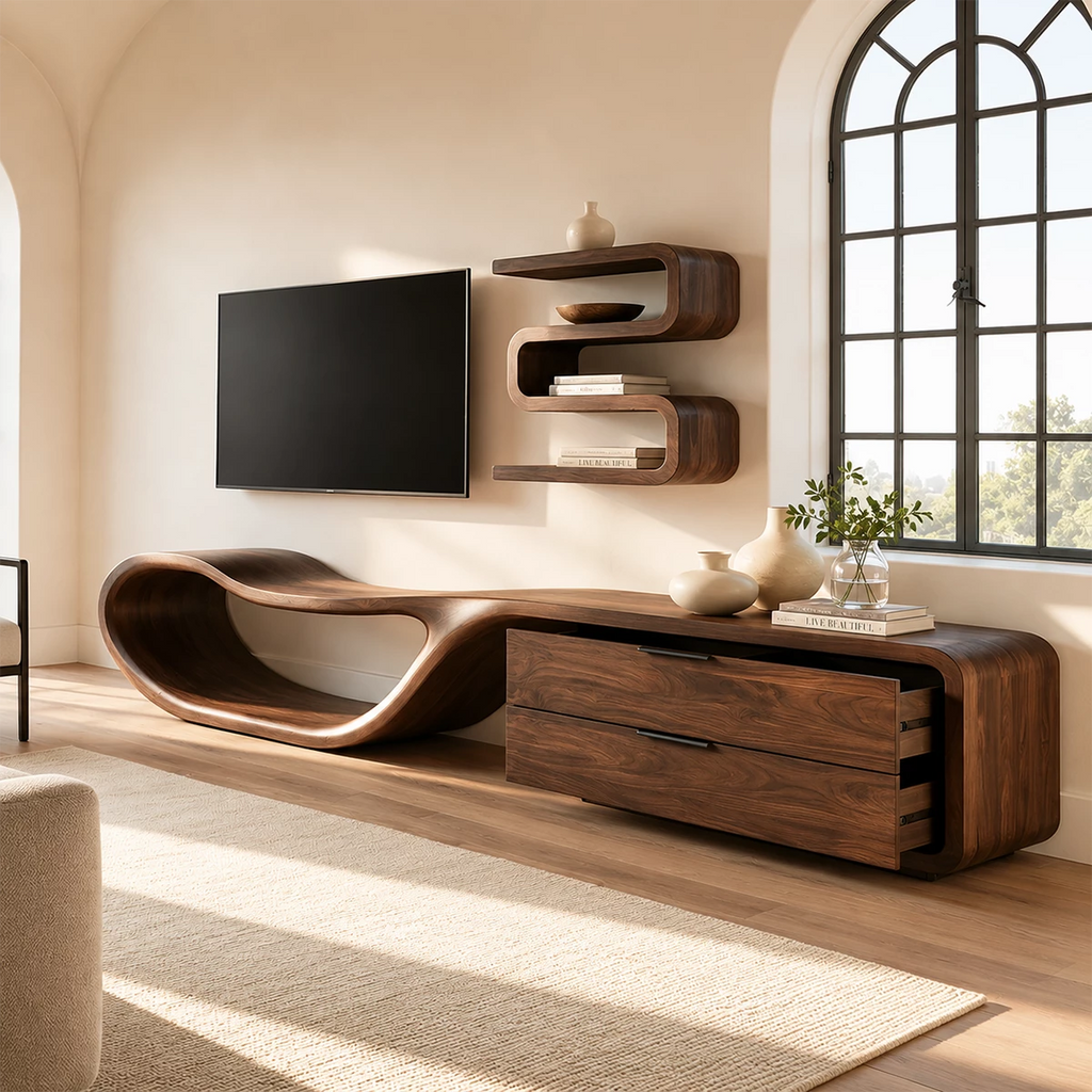 Natural Solid Wood TV Stand with Two Drawers and Sculptural Loop Base