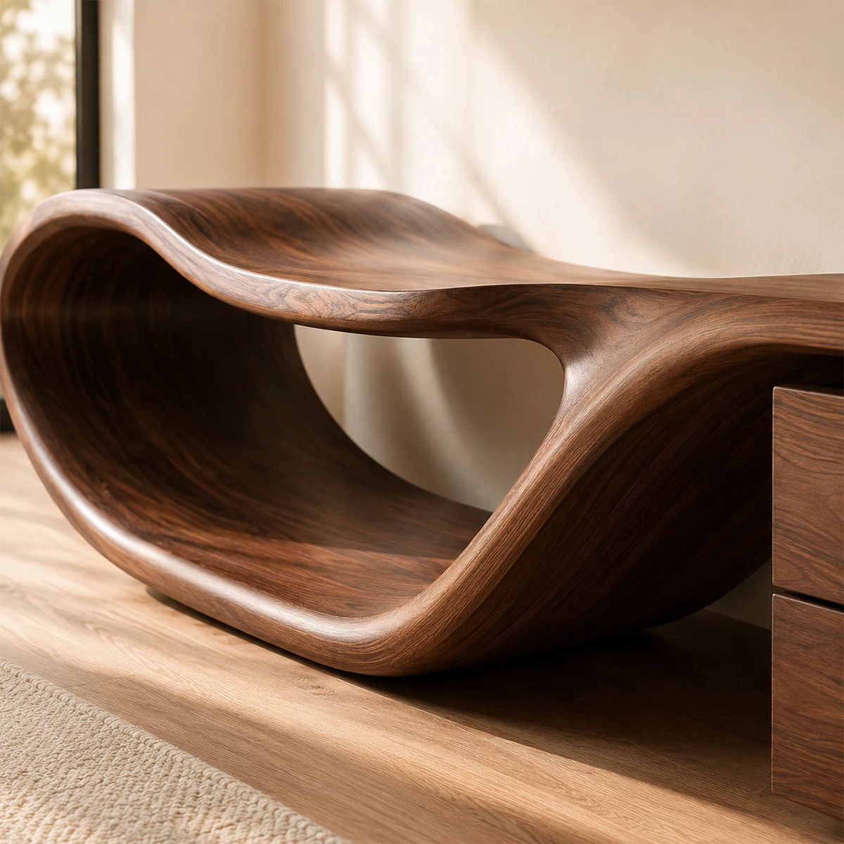 Natural Solid Wood TV Stand with Two Drawers and Sculptural Loop Base