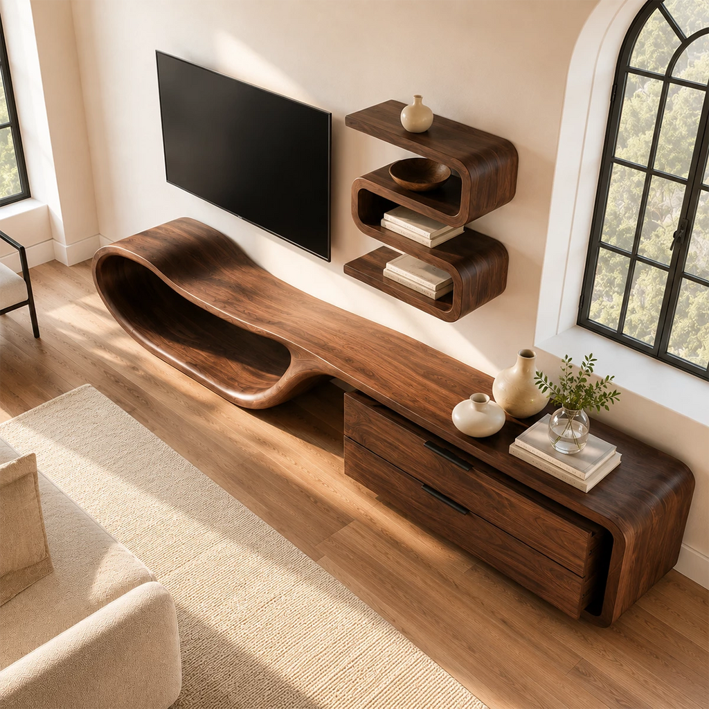 Natural Solid Wood TV Stand with Two Drawers and Sculptural Loop Base