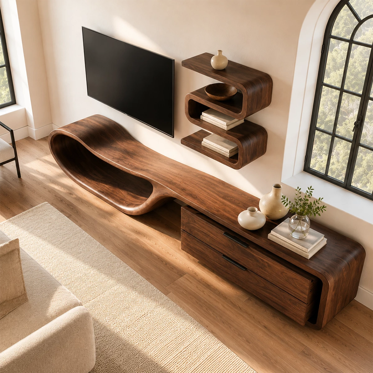 Natural Solid Wood TV Stand with Two Drawers and Sculptural Loop Base