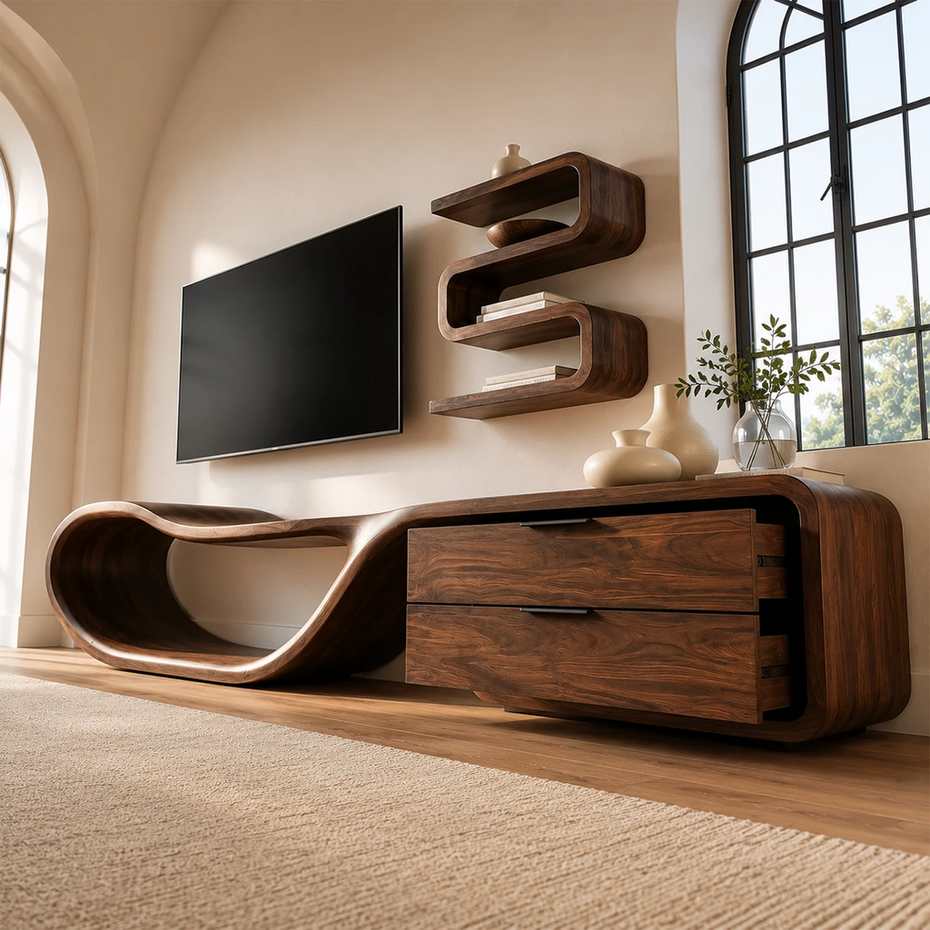 Natural Solid Wood TV Stand with Two Drawers and Sculptural Loop Base