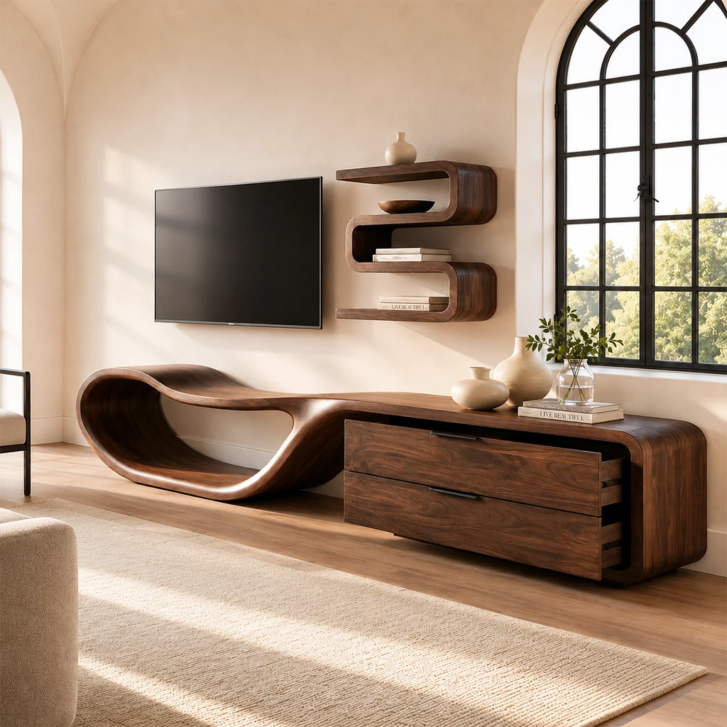 Natural Solid Wood TV Stand with Two Drawers and Sculptural Loop Base