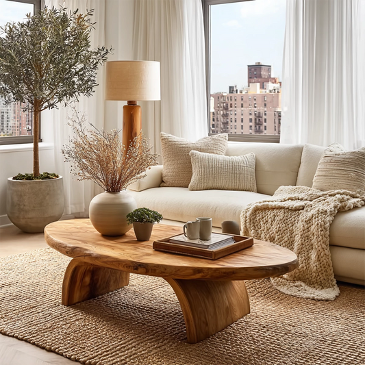 Round Organic Solid Wood Coffee Table With Live Edge Top And Sculptural Block Legs For Modern Living Room - Echotimber