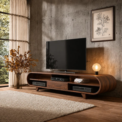 Rounded Edge Natural Solid Wood TV Stand with Open Media Storage - Livewoodcraft