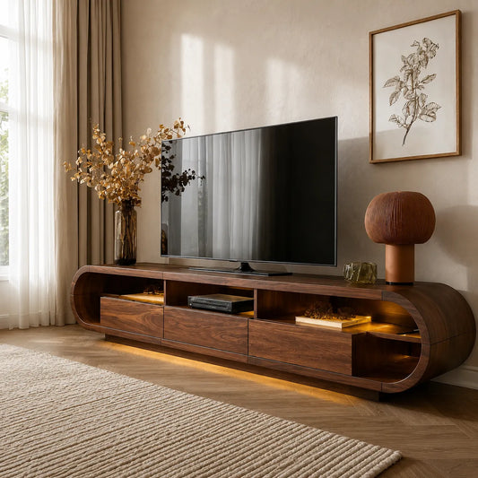 Rounded Edge TV Stand with Open Shelving and Drawer Storage Console - Echotimber