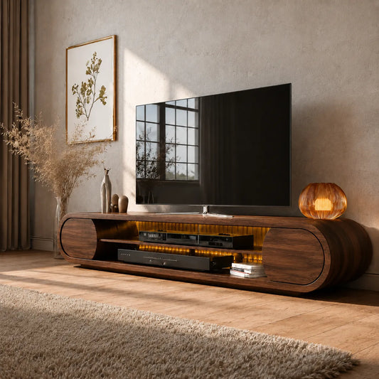 Rounded Modern TV Stand with Open Media Storage and Ambient Lighting - Echotimber
