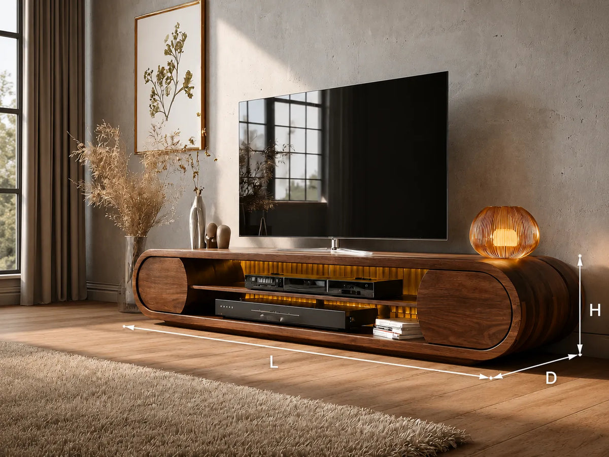 Rounded Modern TV Stand with Open Media Storage and Ambient Lighting - Livewoodcraft - 3