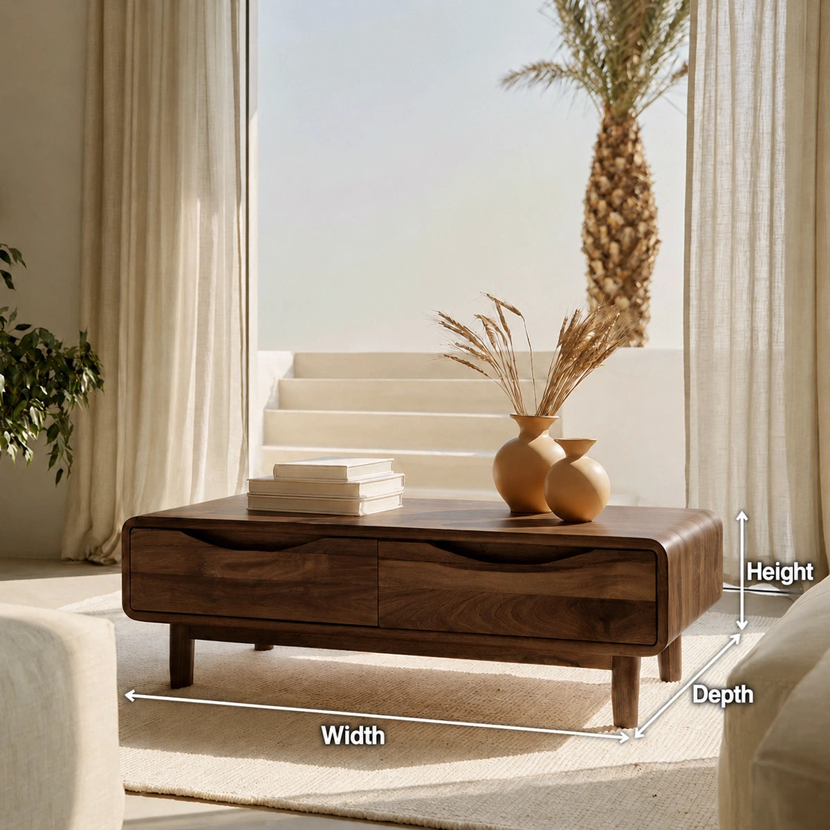 Rounded Natural Solid Wood Coffee Table with Two Storage Drawers - Livewoodcraft - 9