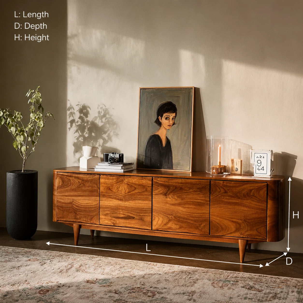 Rounded Natural Solid Wood TV Stand with Four Door Cabinet Storage - Echotimber - 2