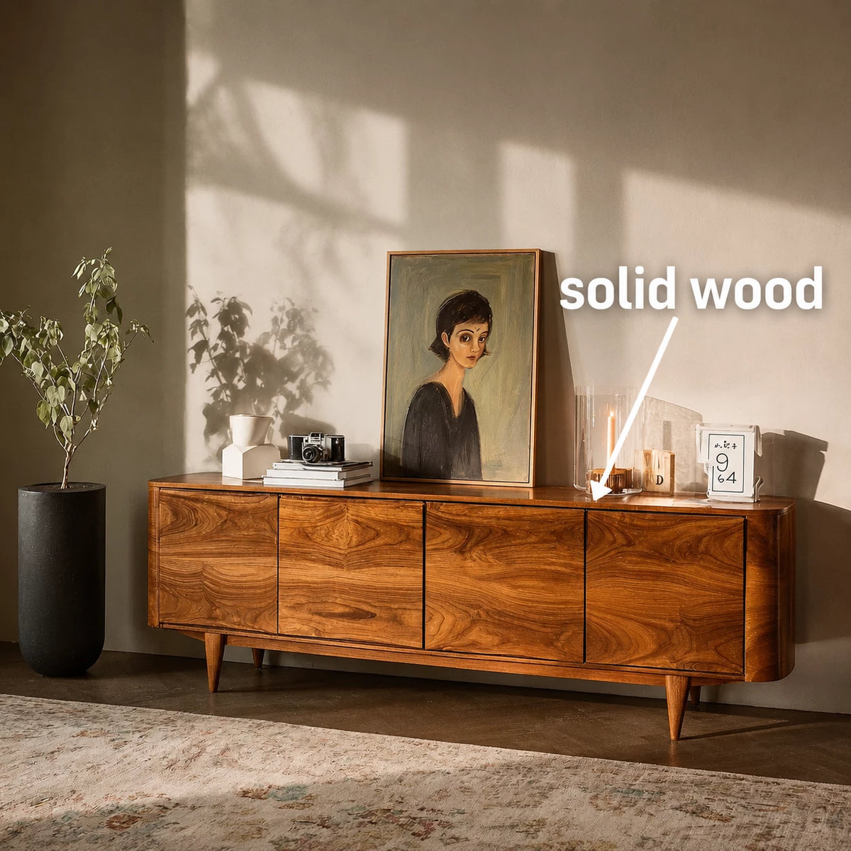 Rounded Natural Solid Wood TV Stand with Four Door Cabinet Storage - Echotimber - 3