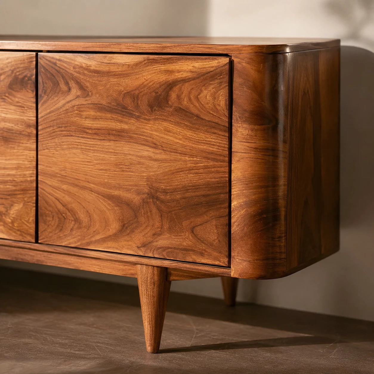 Rounded Natural Solid Wood TV Stand with Four Door Cabinet Storage - Echotimber - 4