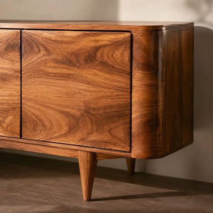 Rounded Natural Solid Wood TV Stand with Four Door Cabinet Storage - Echotimber - 4