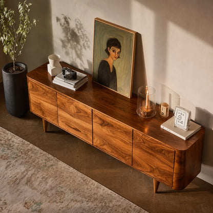 Rounded Natural Solid Wood TV Stand with Four Door Cabinet Storage - Echotimber - 6