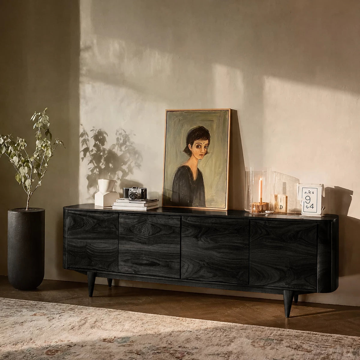 Rounded Natural Solid Wood TV Stand with Four Door Cabinet Storage - Echotimber - 7