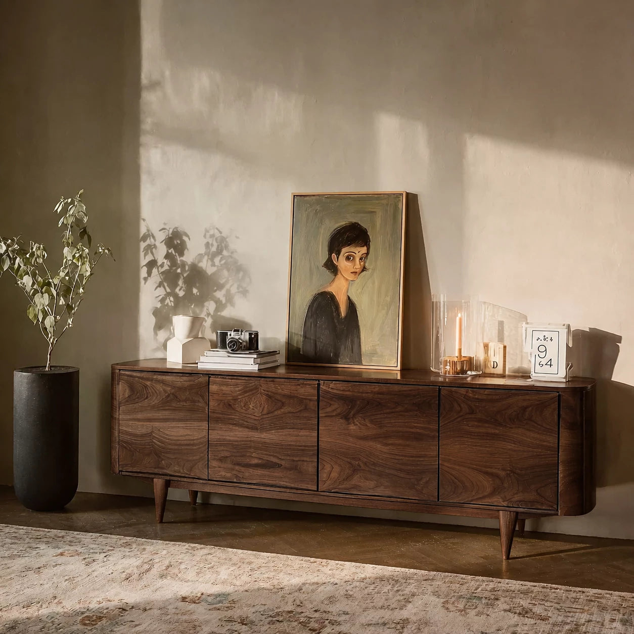 Rounded Natural Solid Wood TV Stand with Four Door Cabinet Storage - Echotimber - 9
