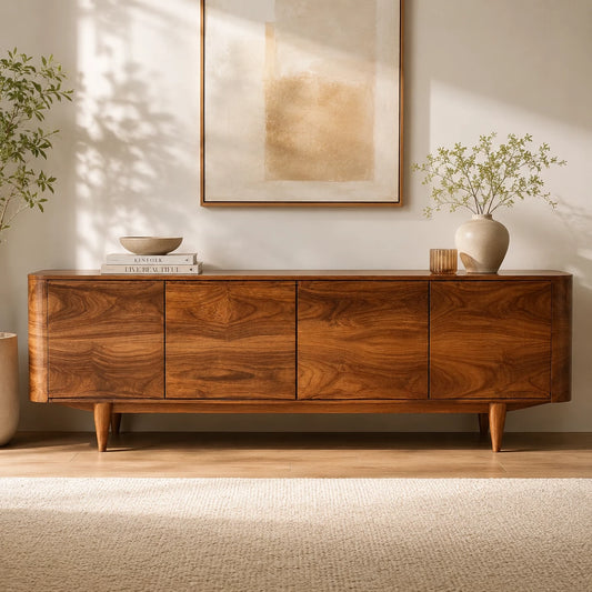 Rounded Natural Solid Wood TV Stand with Four Door Cabinet Storage - Echotimber