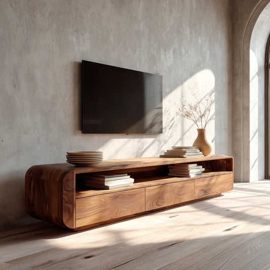 Rounded Natural Solid Wood TV Stand with Open Shelf and Drawer Storage - Echotimber