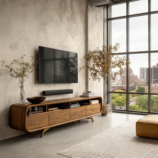 Rounded Natural Solid Wood TV Stand with Open Shelves and Drawer Storage - Echotimber