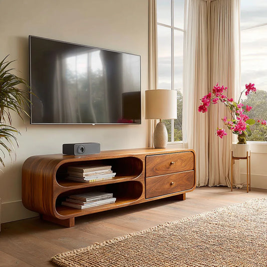Rounded Natural Solid Wood TV Stand with Open Shelves and Drawers - Echotimber