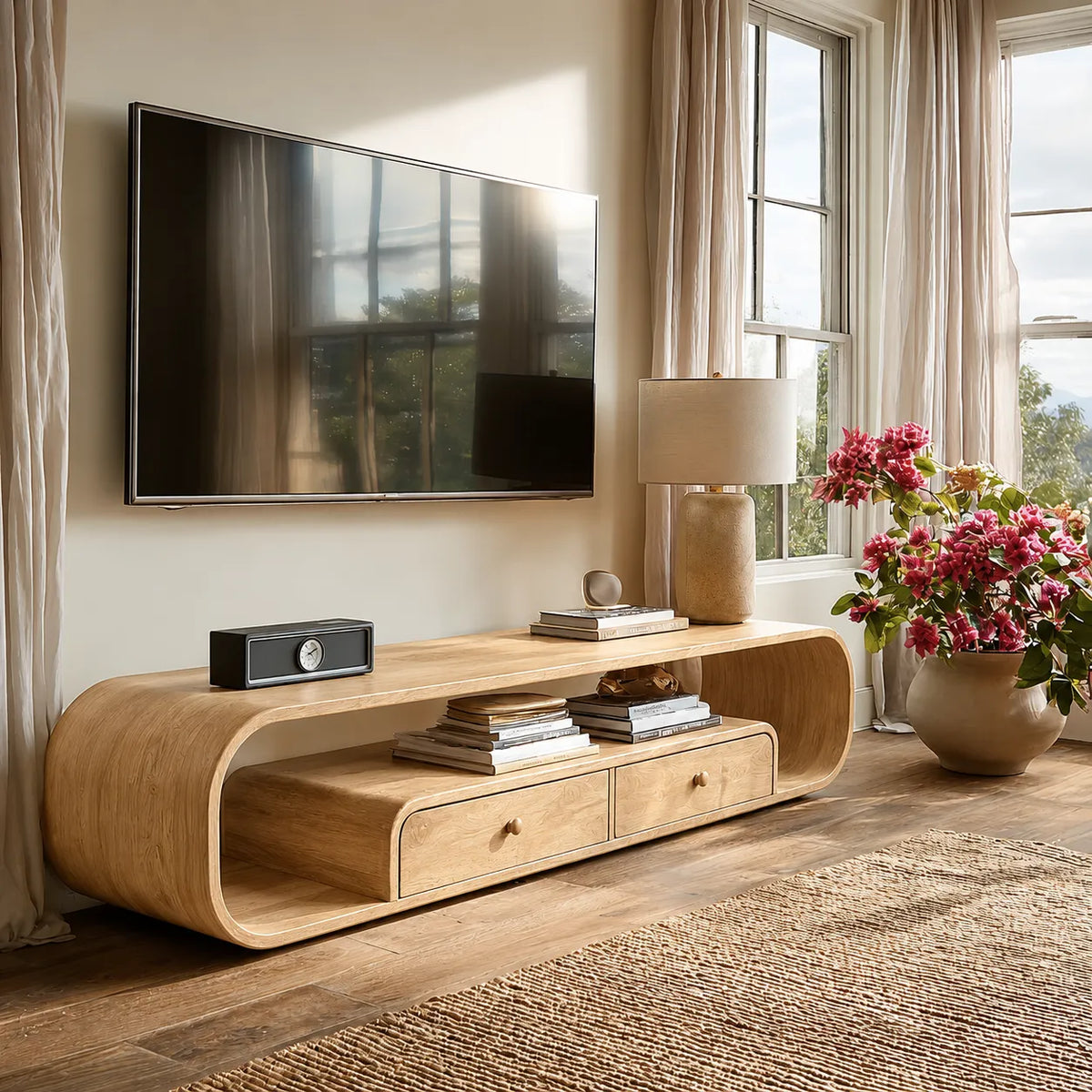 Rounded Natural Solid Wood TV Stand with Open Shelves and Drawers - Livewoodcraft - 7360 - 3