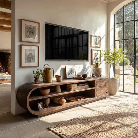 Rounded Natural Solid Wood TV Stand with Open Shelves and Side Drawers - Echotimber
