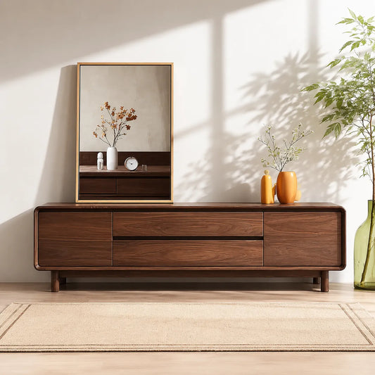 Rounded Natural Solid Wood TV Stand with Wide Drawer Storage Design - Echotimber