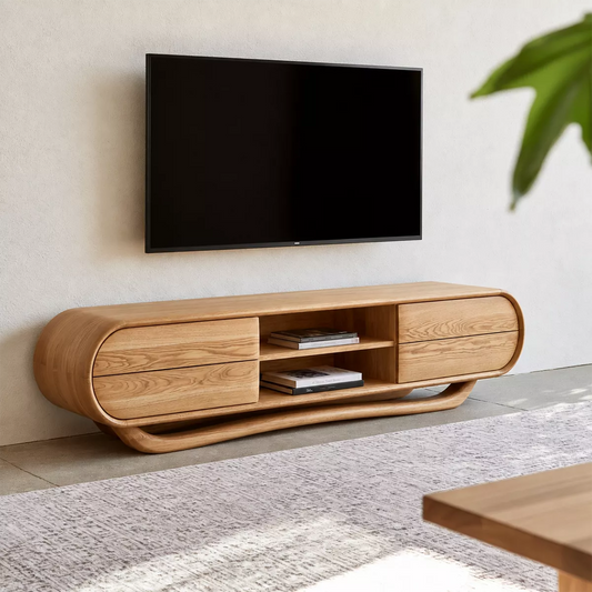 Rounded Oak Wood TV Stand With Center Open Shelf And Side Drawer Storage For Living Room - Echotimber