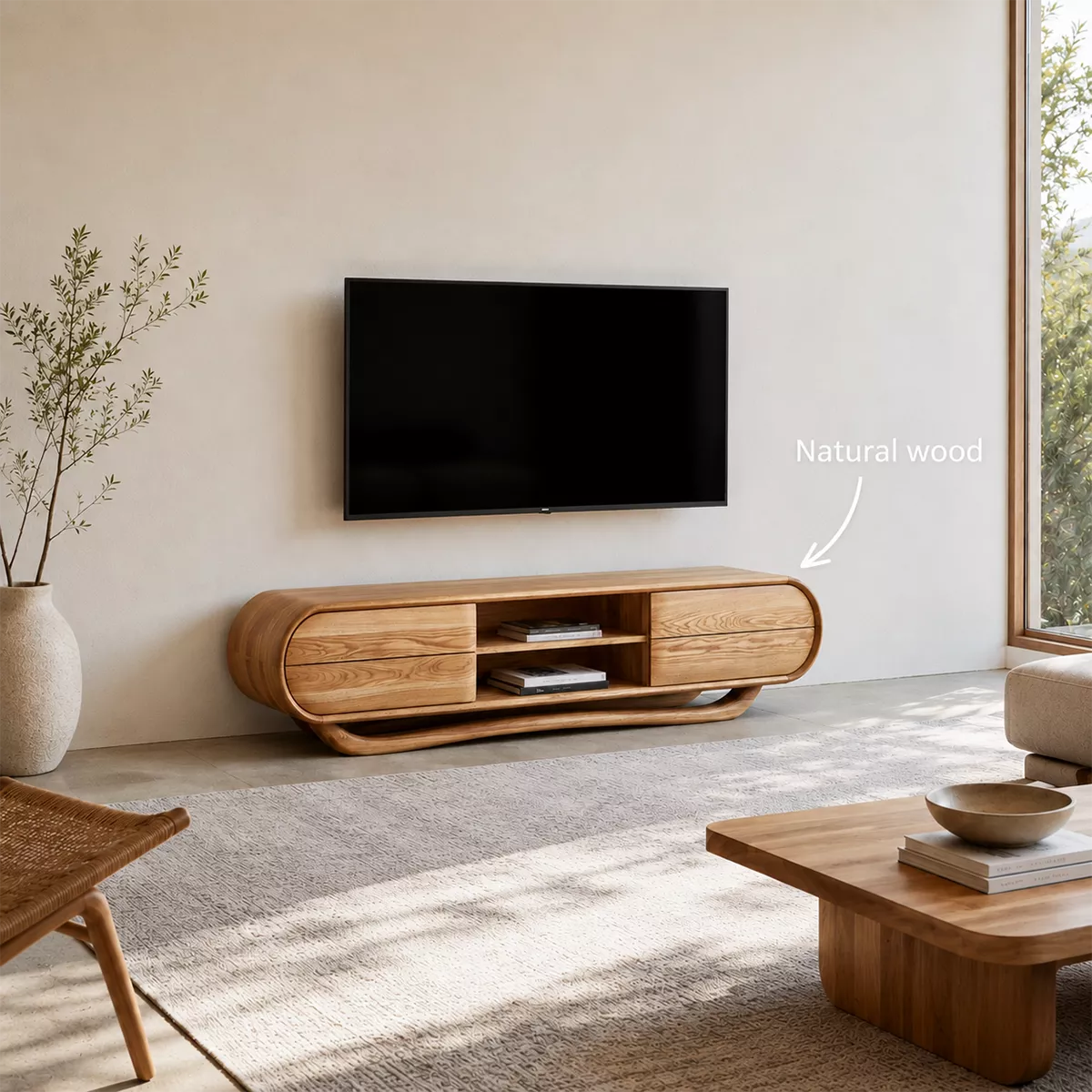 Rounded Oak Wood TV Stand With Center Open Shelf And Side Drawer Storage For Living Room - Livewoodcraft - 10