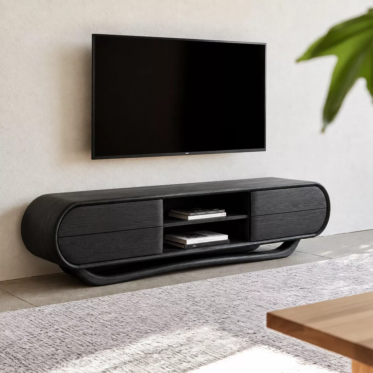 Rounded Oak Wood TV Stand With Center Open Shelf And Side Drawer Storage For Living Room - Livewoodcraft - 2