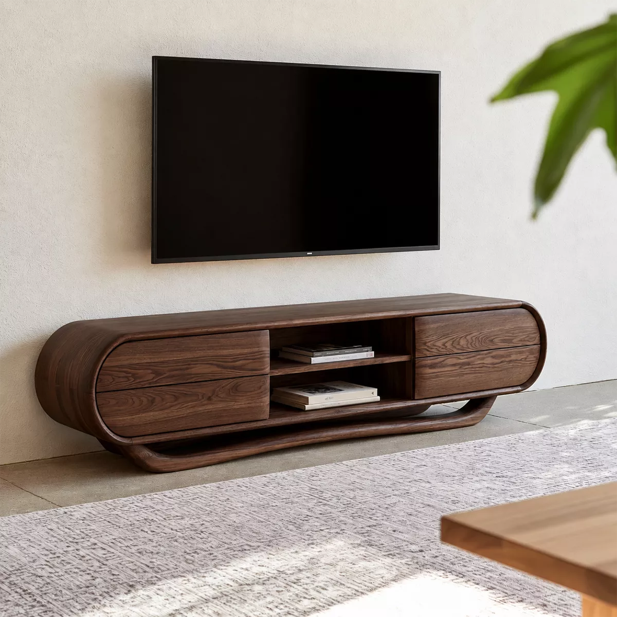 Rounded Oak Wood TV Stand With Center Open Shelf And Side Drawer Storage For Living Room - Livewoodcraft - 3