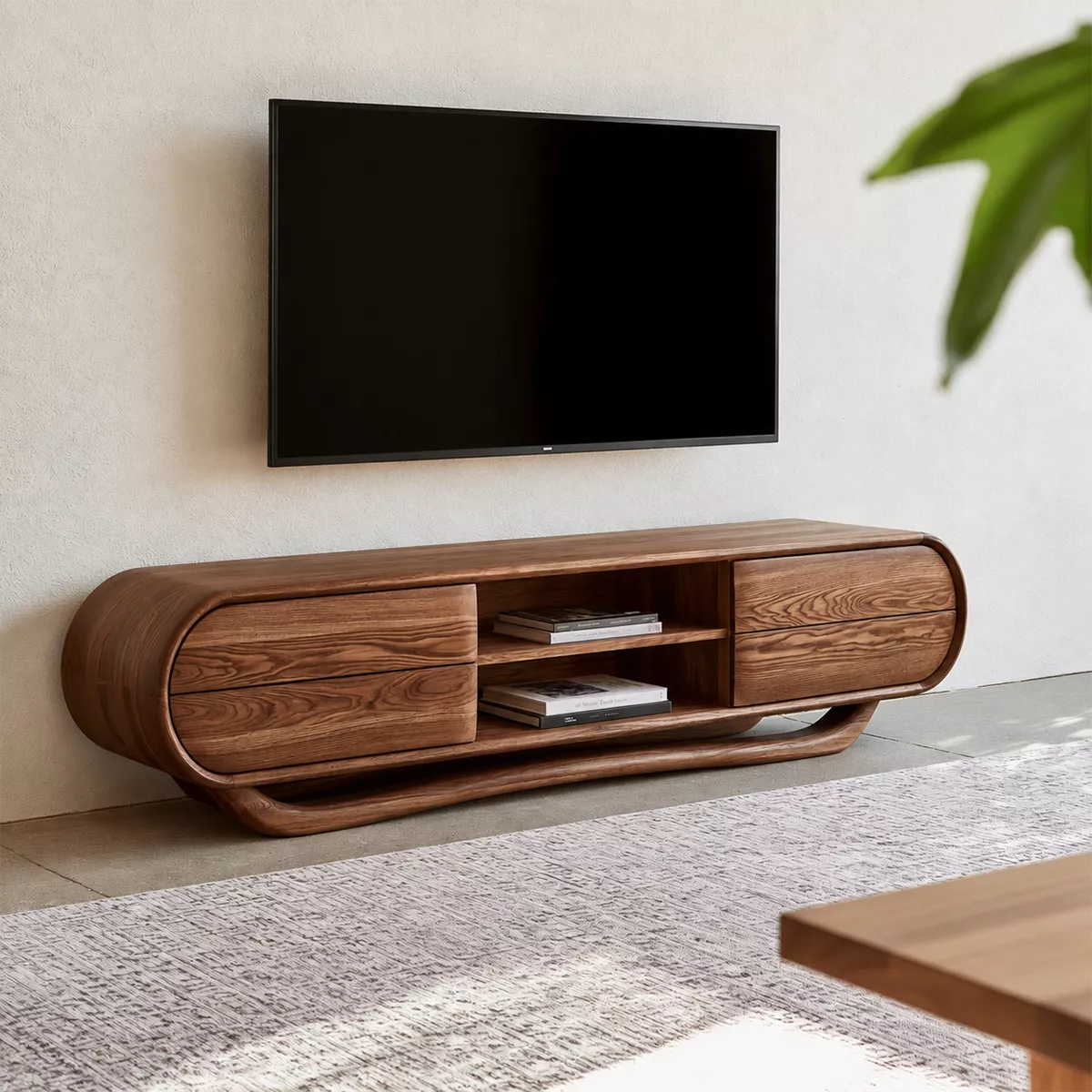 Rounded Oak Wood TV Stand With Center Open Shelf And Side Drawer Storage For Living Room - Livewoodcraft - 4