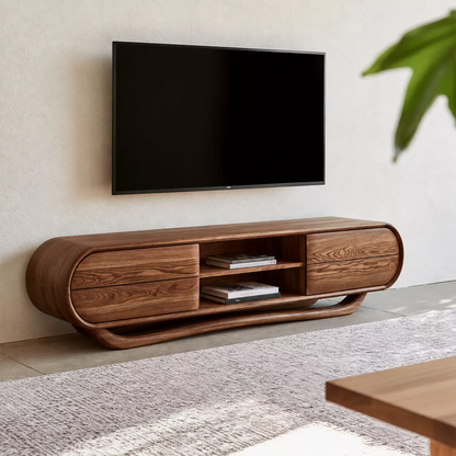 Rounded Oak Wood TV Stand With Center Open Shelf And Side Drawer Storage For Living Room - Livewoodcraft - 4