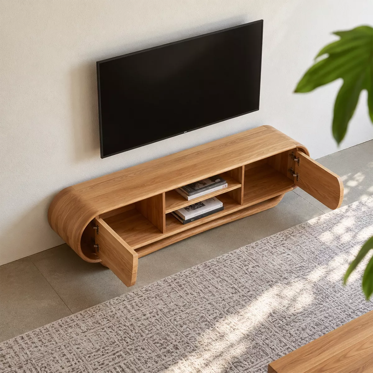 Rounded Oak Wood TV Stand With Center Open Shelf And Side Drawer Storage For Living Room - Livewoodcraft - 5