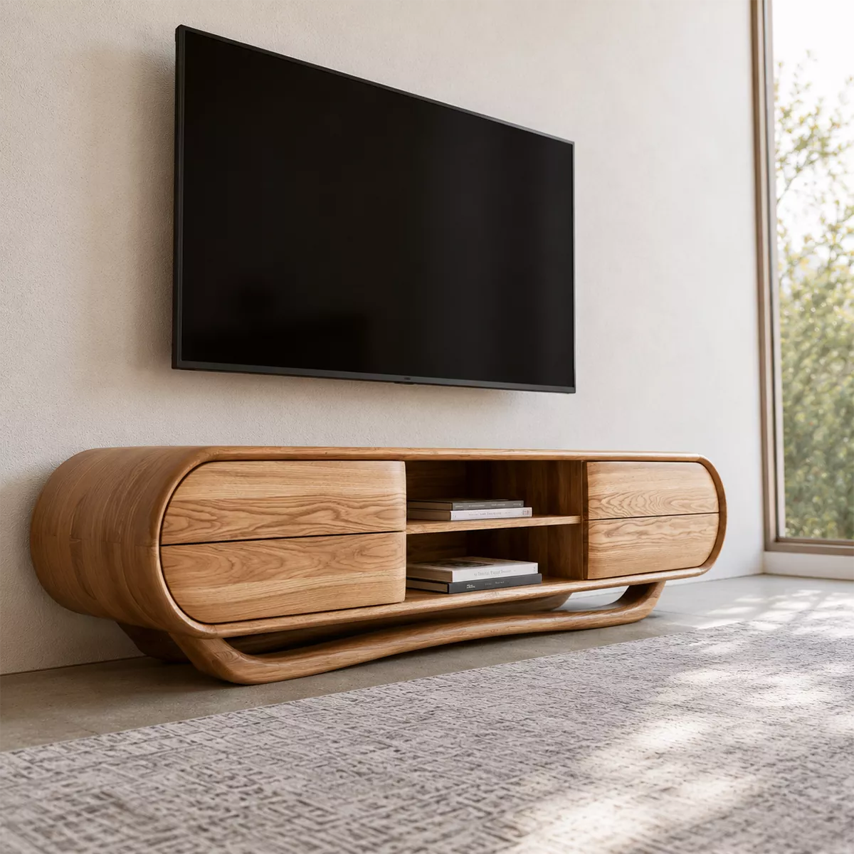 Rounded Oak Wood TV Stand With Center Open Shelf And Side Drawer Storage For Living Room - Livewoodcraft - 7